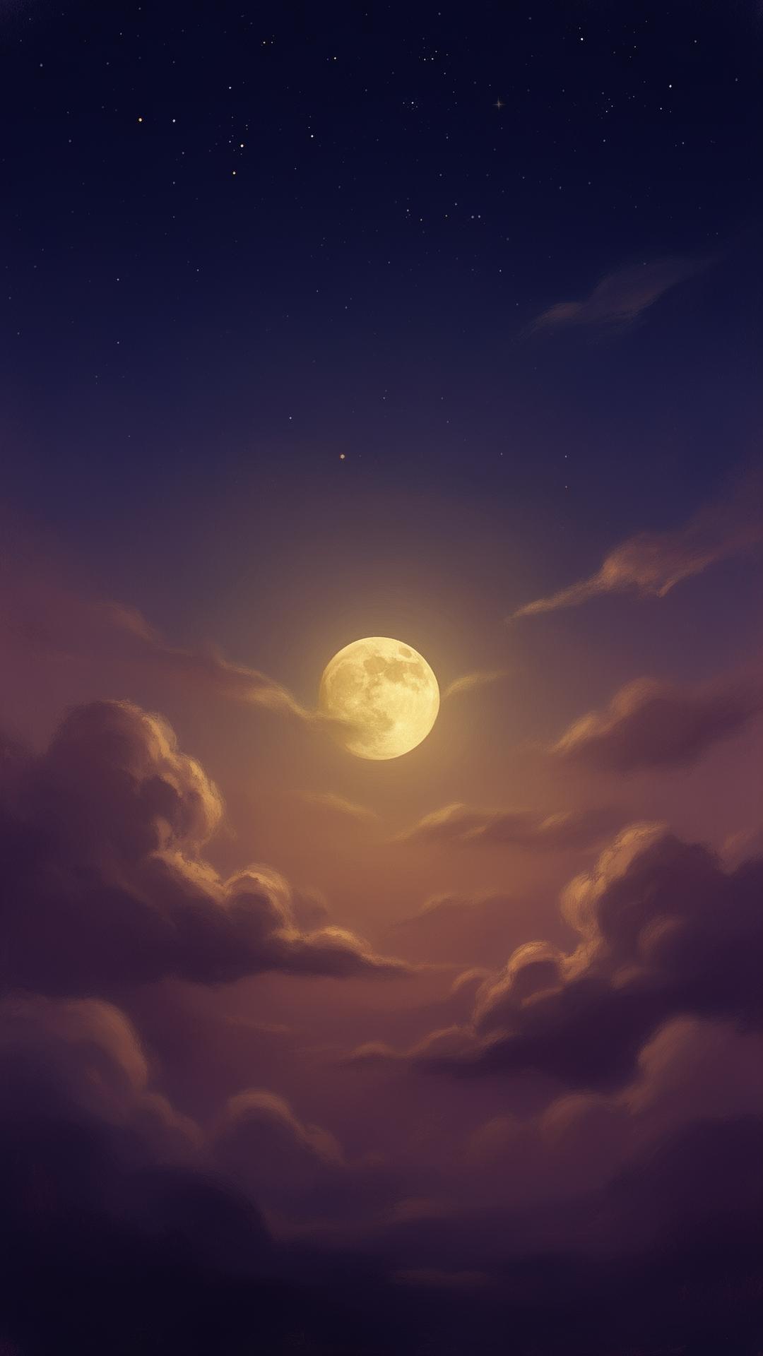 Moonlit night sky with warm clouds